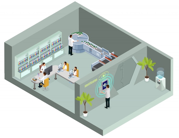 Free vector isometric biometric identification template with scientist using retina authentication for laboratory access