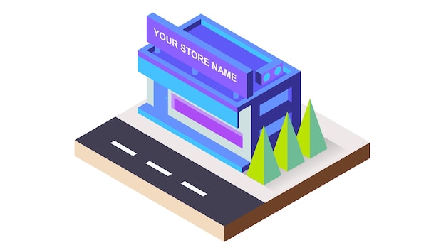 Isometric blue shop or store building with trees in blue graphic element