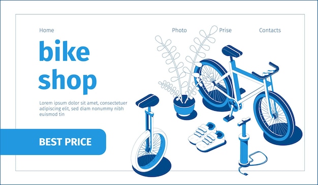 Free vector isometric blue and white bike shop banner with 3d bicycle  inflator and shoes