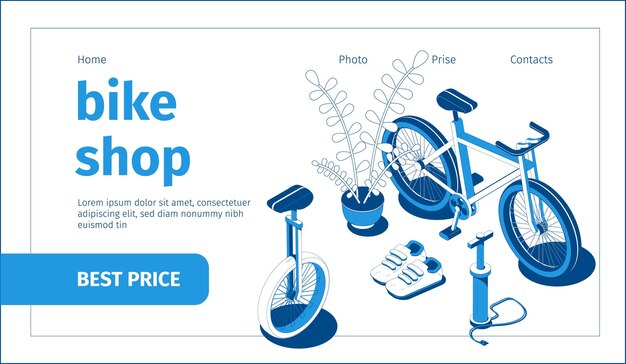 Isometric blue and white bike shop banner with 3d bicycle  inflator and shoes