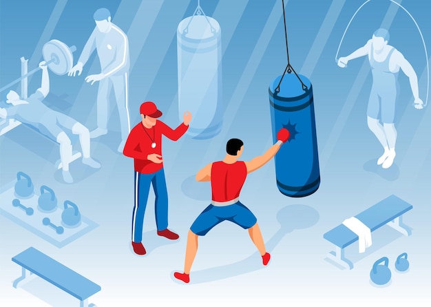 Vettore gratuito composizione di boxe isometrica con vista interna della palestra con allenatore di boxe apparato e sacco da boxe tirocinante illustrazione vettoriale