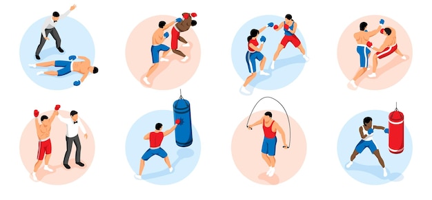 男性と女性との練習とボクシングの戦いのシーンのサークル構成で設定された等尺性ボクシング