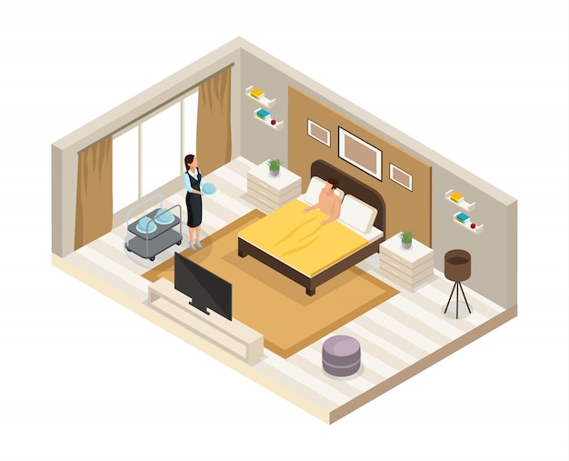 Isometric breakfast hotel service concept with waitress brought dishes to client in room isolated 