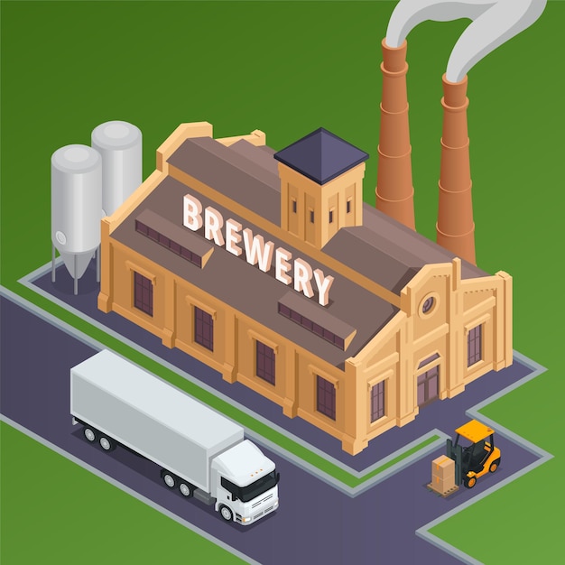 Free vector isometric brewery building exterior with forklift carrying boxes and delivery van on green background 3d vector illustration