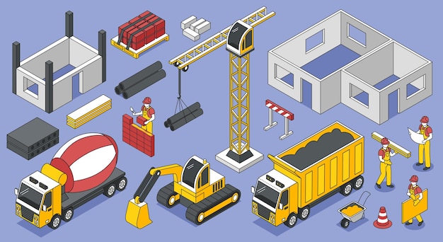 Isometric builders engineer architect outline set of isolated icons and images of construction materials and machinery vector illustration