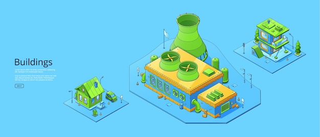 Free vector isometric buildings power station house and store