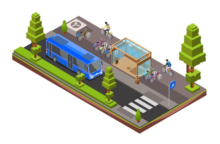 Free Vector isometric bus stop cross section. 3d city glass station with parked bicycles, cyclists
