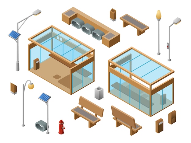 Free vector isometric bus stop objects set. 3d city glass station benches sun panel streetlights