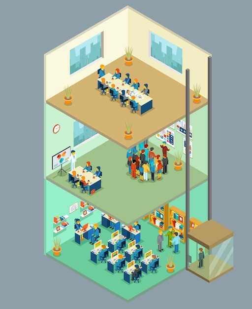 Isometric business center. 3d office building with business people. Multilevel business center for teamwork