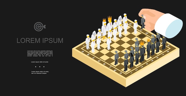 Isometric business chess template with businessmen in white and black suits and male hand moving manager on board  illustration,