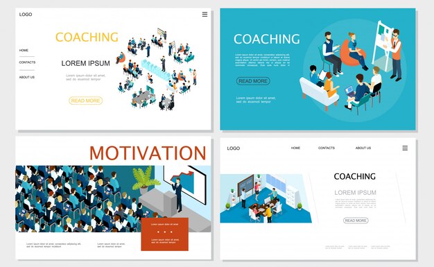 Isometric business coaching websites set with staff training seminar brainstorming conference businessman speaking to auditorium from tribune