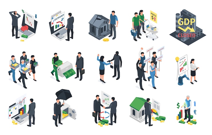 Free Vector isometric business crisis icons set with globall recession and economic disaster symbols isolated vector illustration