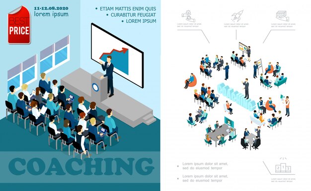 Isometric business education composition with lecturer speaking to auditorium brainstorming staff coaching seminar online conference