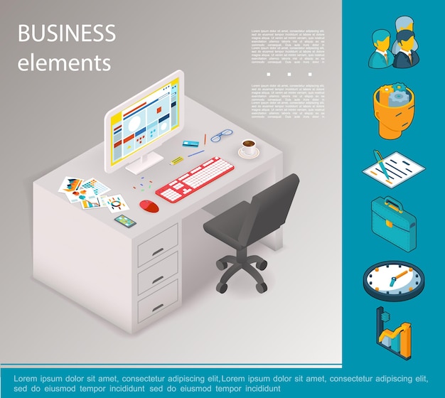 기업인 계약 서류 가방 시계 그래프 의자 컴퓨터 커피 컵 편지지 테이블 그림에 아이소 메트릭 비즈니스 요소 개념