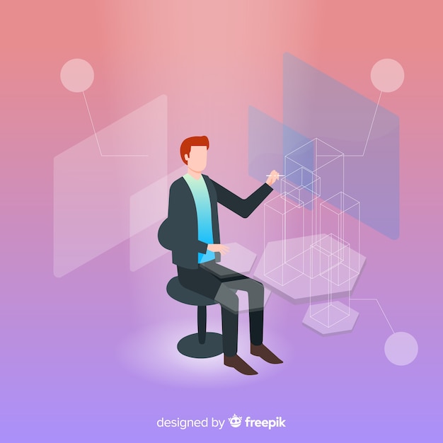 Isometric business technology with man sitting on chair