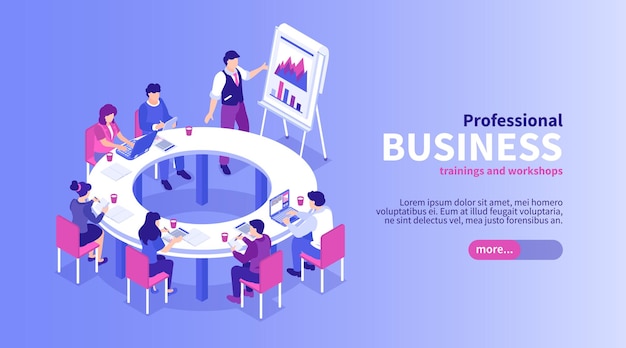 Free vector isometric business training web banner with editable text slider button and group of workers at meeting
