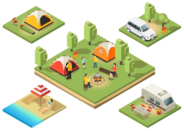Free vector isometric camping territory composition