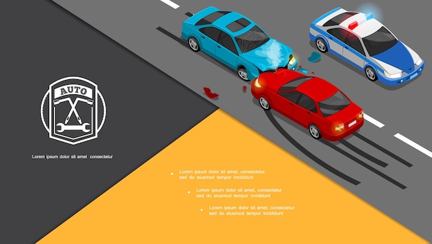 Isometric Car Accident Composition: Automobiles Collision and Police Car on Road | Free Vector Download