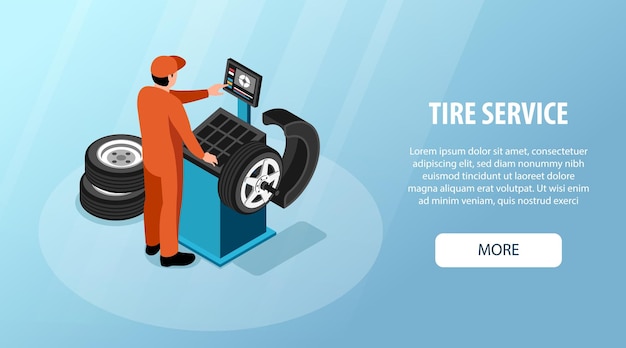 Free vector isometric car repair horizontal banner with serviceman making tire service vector illustration