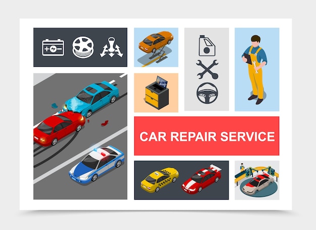 Free vector isometric car repair service composition with accident on road police taxi sports cars mechanics automobile painting process auto icons