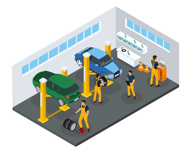 Vettore gratuito modello di servizio di riparazione auto isometrica con lavoratori professionisti in uniforme cambiando pneumatici in garage isolato