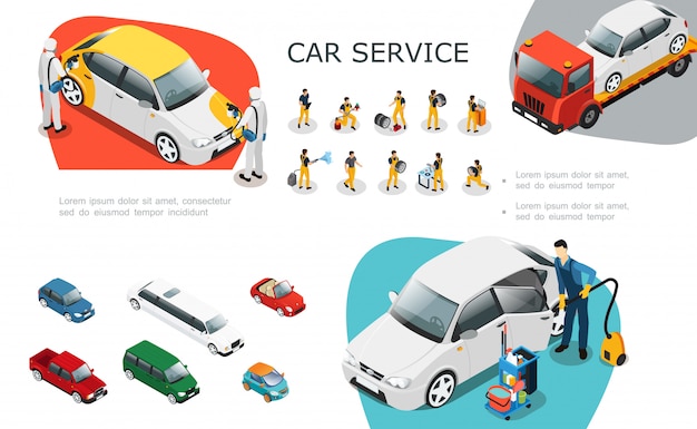 Free vector isometric car service elements set with professional workers change tires repair and wash automobile roadside assistance