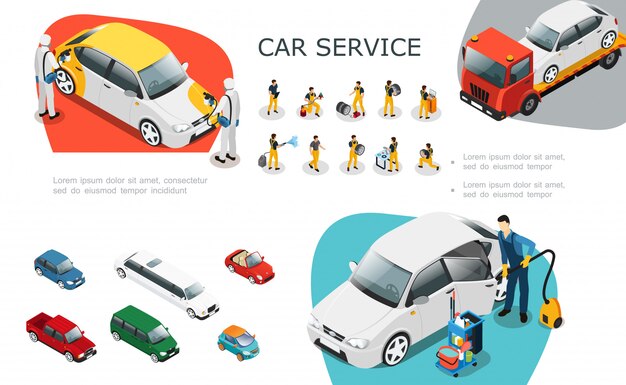 Isometric car service elements set with professional workers change tires repair and wash automobile roadside assistance