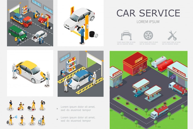 Isometric car service template with workers change tires wash and repair automobiles