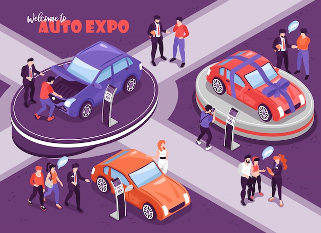 Isometric car showroom background with human characters of people with thought bubbles and cars on podium  illustration