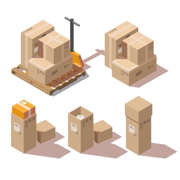 Isometric cardboard boxes and hand pallet truck