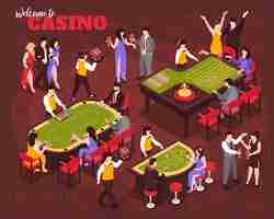 Vettore gratuito composizione isometrica nel casinò con personaggi umani di celebrità e persone ricche che giocano alla roulette con illustrazione di testo decorato text