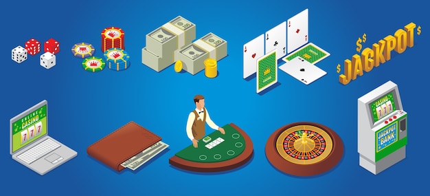 Free vector isometric casino icons set with dice poker chips money playing cards jackpot online gambling wallet croupier roulette slot machine isolated