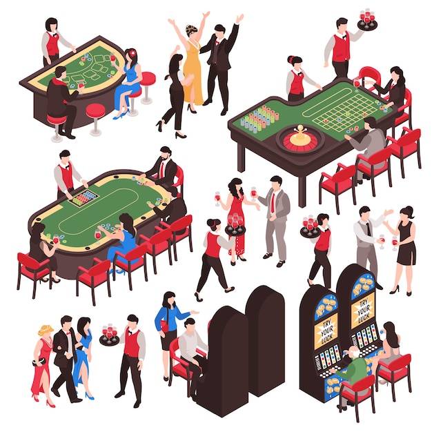 Vettore gratuito casinò isometrico con personaggi isolati di persone ricche e tavoli da gioco con banchieri e illustrazione vettoriale di roulette