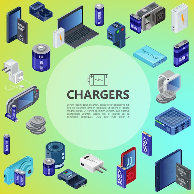 Vettore gratuito composizione di fonti di carica isometrica con prese per caricabatterie portatili e batterie e dispositivi moderni