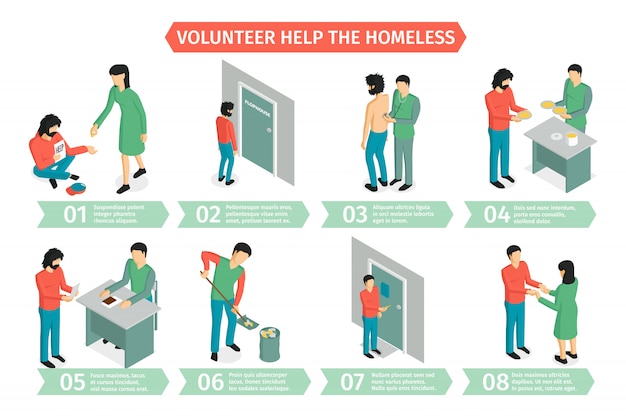 Free vector isometric charity horizontal composition with infographic images of people during extracurricular activities with editable text captions vector illustration