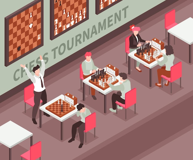 Free vector isometric chess tournament with three couples of players winner and loser 3d vector illustration