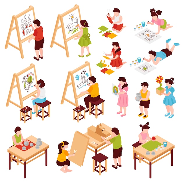Isometric children kids creative art school set of isolated icons and images of drawings on easels vector illustration