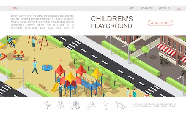子供と親のレクリエーション公園スライドベンチスイングサンドボックスの木の建物で等尺性子供遊び場webページテンプレート