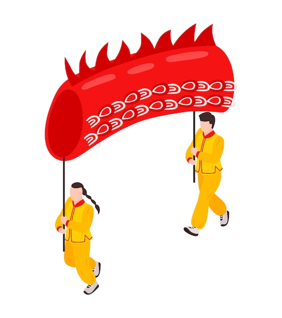 패브릭 드래곤 벡터 삽화를 들고 기둥을 들고 있는 두 명의 인간 캐릭터가 있는 아이소메트릭 중국 새 해 구성