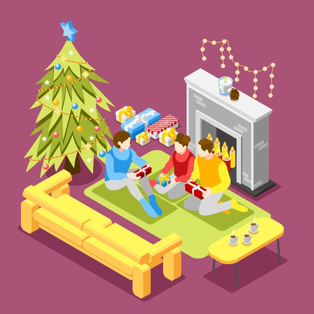 Isometric Christmas composition with family morning special time opening presents under fir tree