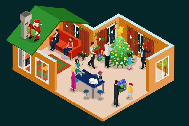 家で新年を祝う人々と分離された屋根の上の贈り物をサンタクロースと等尺性のクリスマスホリデーコンセプト