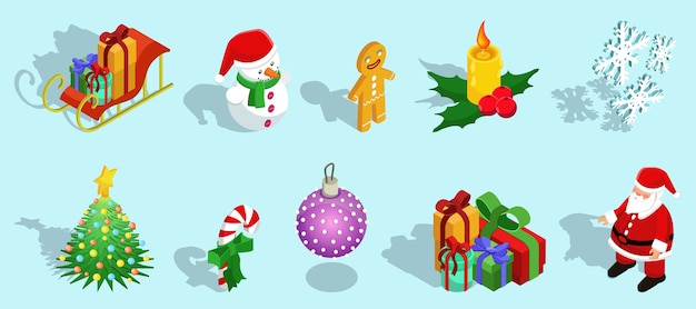 Isometric Christmas icons set with sleigh snowman gingerbread man candle snowflakes fir tree candy ball gifts Santa Claus isolated