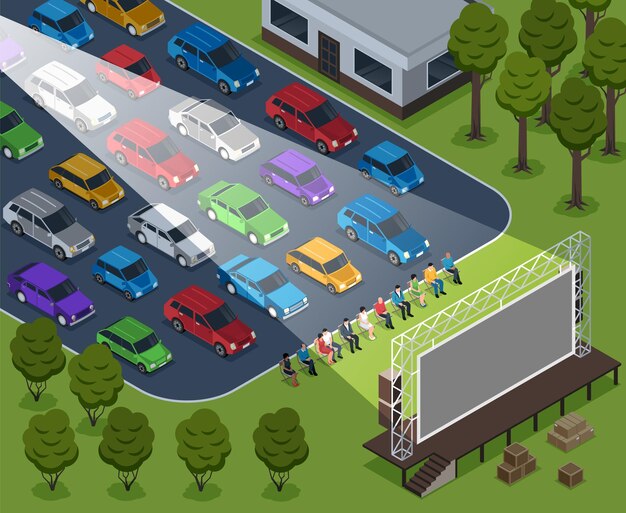 Isometric cinema outdoor composition with open air scenery rows of cars and sitting people with screen illustration