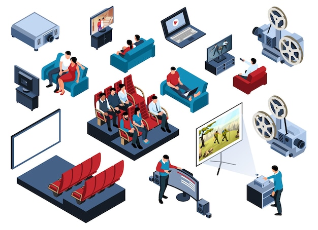 Free vector isometric cinema set with isolated icons of movie theater equipment audience characters and home cinema images vector illustration