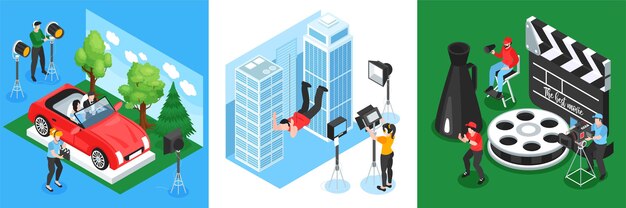 Free vector isometric cinematography  with square compositions of various filming locations with actors and shooting crew