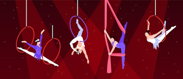 Free vector isometric circus composition with characters of aerial performers female trapeze artists flying and hanging on rings vector illustration