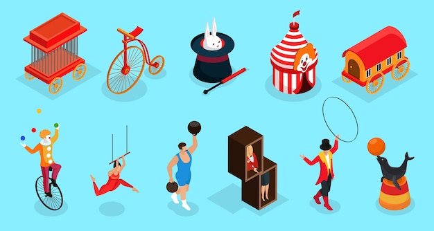 Free vector isometric circus elements collection with cage bicycle trained animals tricks marquee trailer clown acrobat trainer illusionist isolated