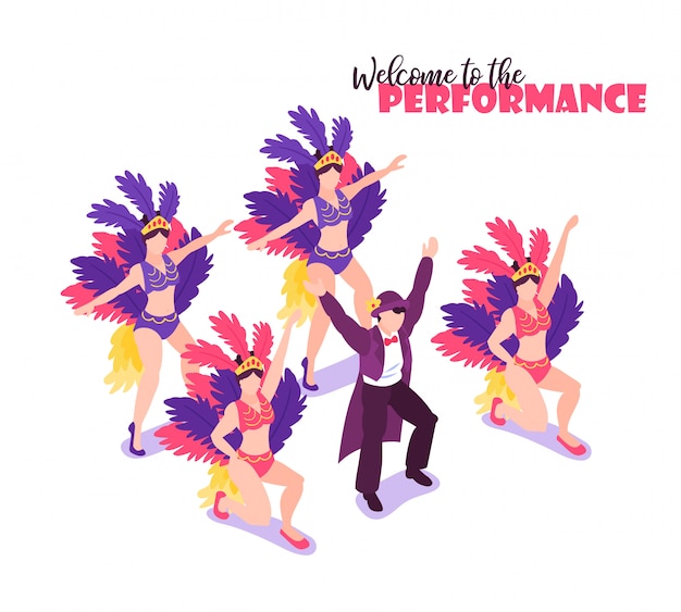 Isometric circus performers show  composition of human characters with artists colorful feathers and editable text vector illustration