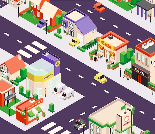 Isometric city buildings composition with bird eye perspective view of town block with shops and cafe