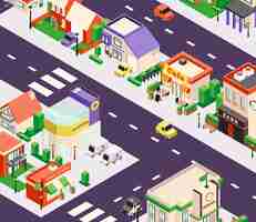 Free vector isometric city buildings composition with bird eye perspective view of town block with shops and cafe